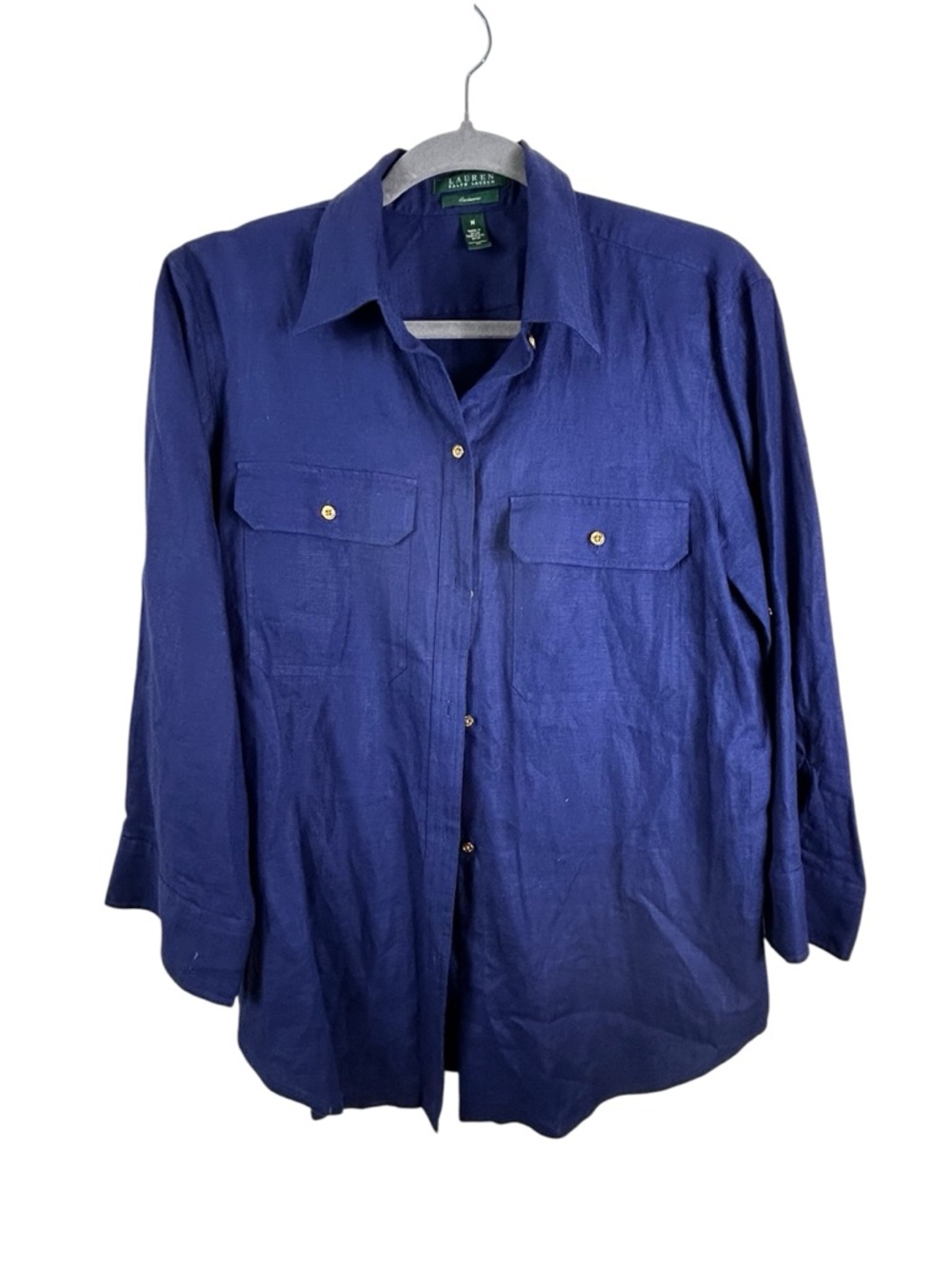 Lauren Ralph Lauren navy 100% linen button-up long-sleeve blouse with pockets